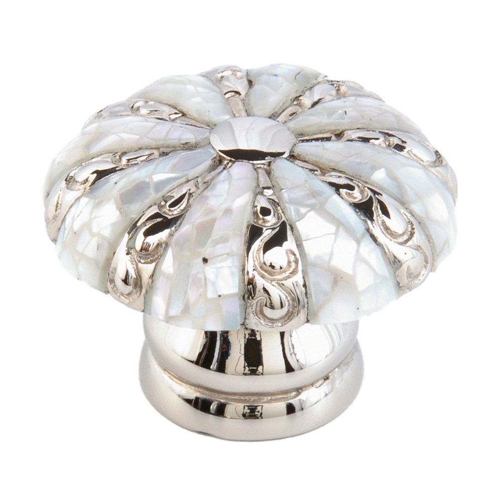 Round Knob with Mother of Pearl Inlaid on Solid Brass in Polished Nickel with Mother of Pearl