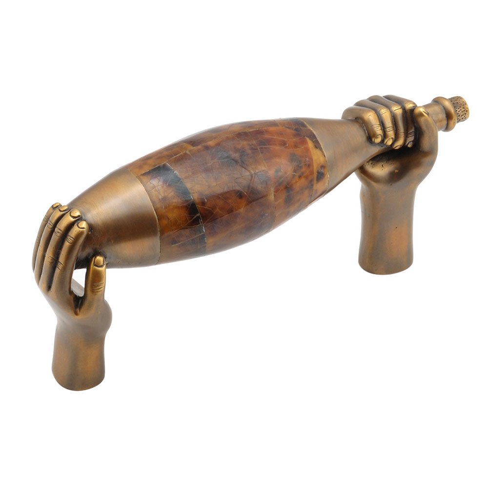 Wine Bottle Pull with Hands, 6" CC in Estate Dover with Tiger Penshell