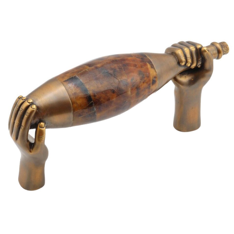Wine Bottle Pull with Hands, 3" CC in Estate Dover with Tiger Penshell