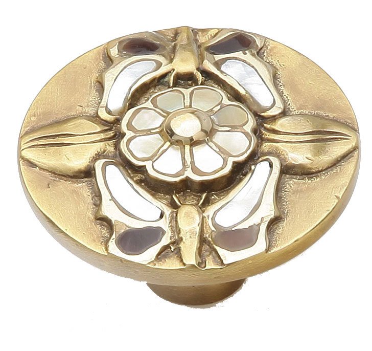 Solid Brass Knob, 1 1/2" with Tiger Penshell and Yellow and White Mother of Pearl on Antique Brass Finish