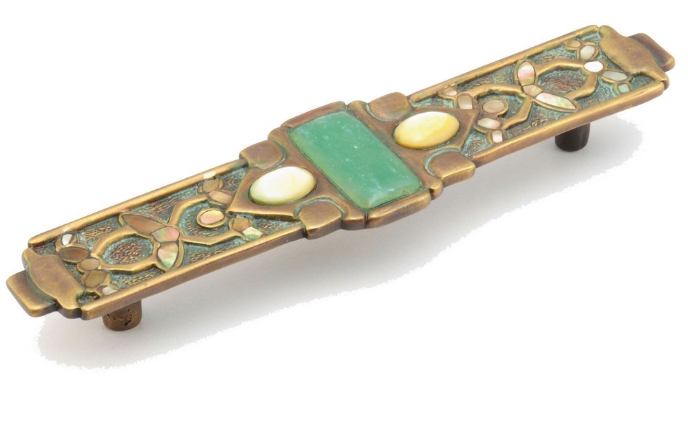 Solid Brass Jade Stone Pull, 4 1/2" CC with Yellow Mother of Pearl inlays on Dark Green Wash Finish