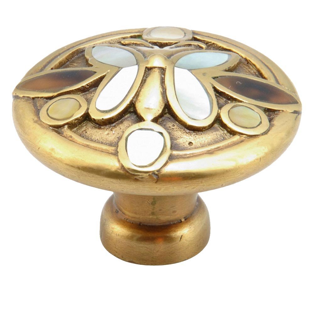 Solid Brass Knob, 1 1/2" with Tiger Penshell and Yellow and White Mother of Pearl on Polished Brass and Antique Brass Finish
