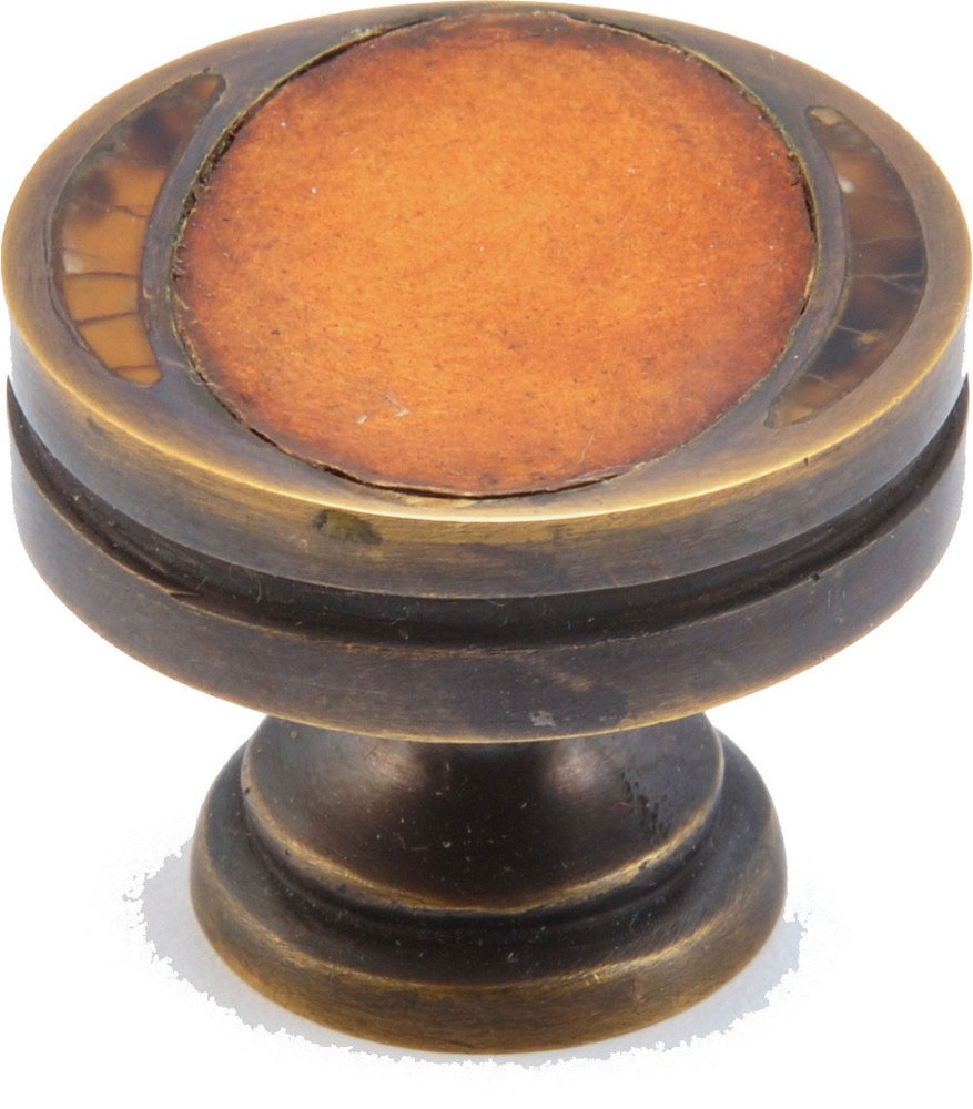 Solid Brass 1 3/8" Diameter Knob in Dark Antique Bronze with Tiger Penshell with Sienna Leather Insert and Tiger Penshell Inlay