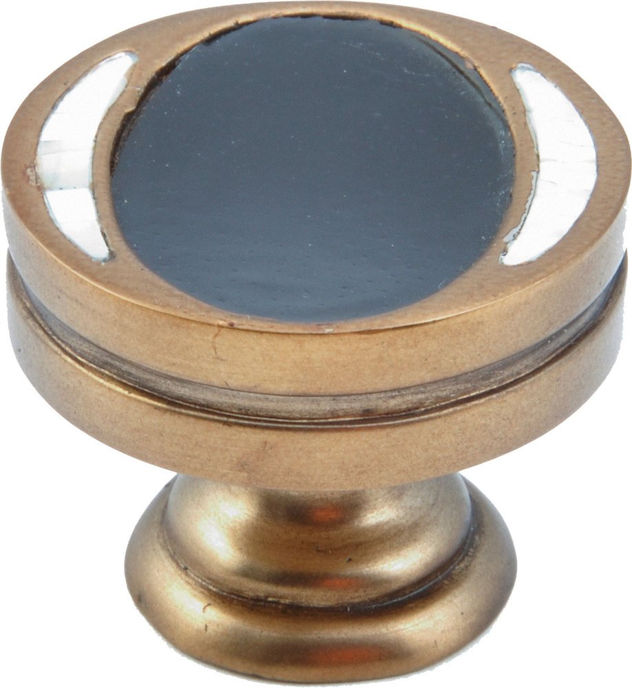 Solid Brass 1 3/8" Diameter Knob in Paris Brass with Ambassador Leather Insert and White Mother of Pearl Inlay
