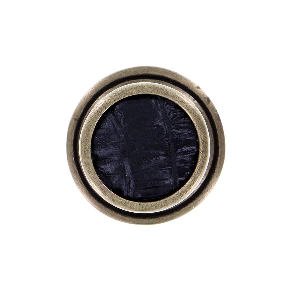 1 1/4" Knob with Insert in Antique Brass with Black Leather Insert