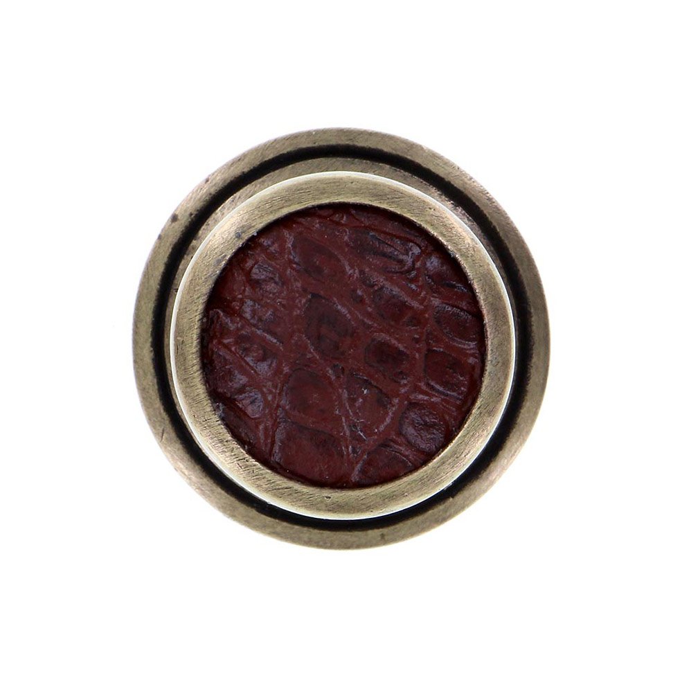 1 1/4" Knob with Insert in Antique Brass with Brown Leather Insert