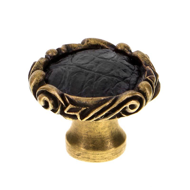 1 1/4" Knob with Small Base and Insert in Antique Brass with Black Leather Insert