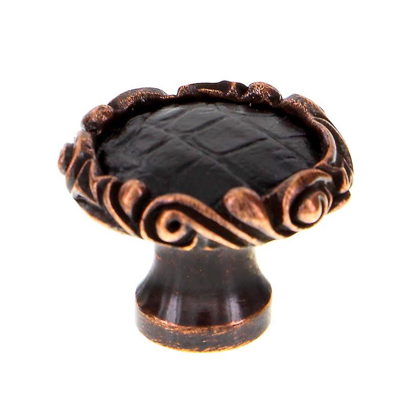1 1/4" Knob with Small Base and Insert in Antique Copper with Black Leather Insert