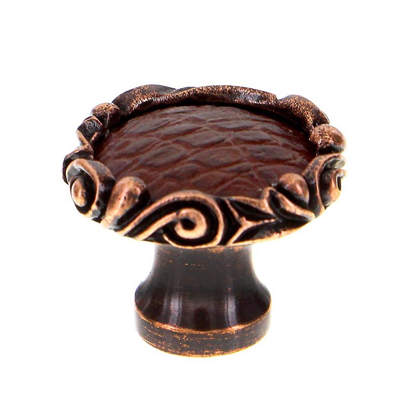 1 1/4" Knob with Small Base and Insert in Antique Copper with Brown Leather Insert