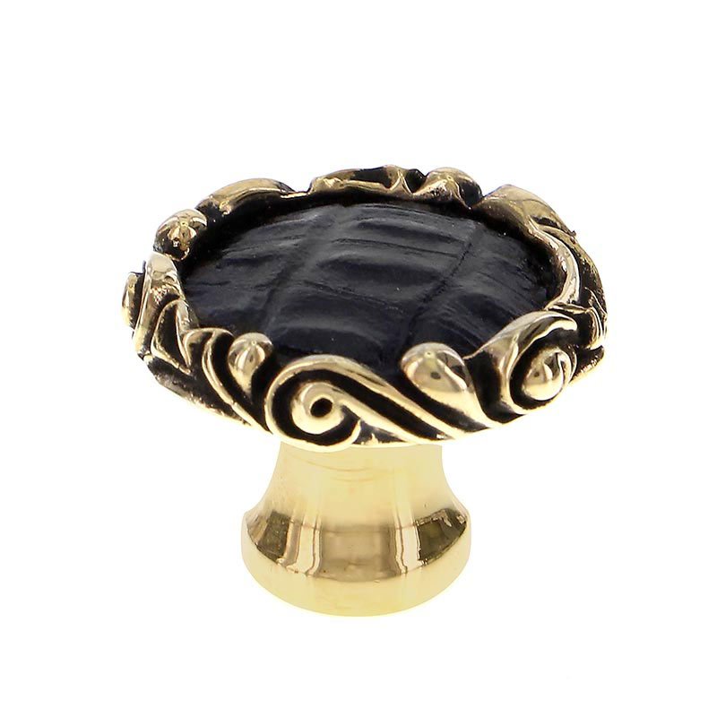 1 1/4" Knob with Small Base and Insert in Antique Gold with Black Leather Insert