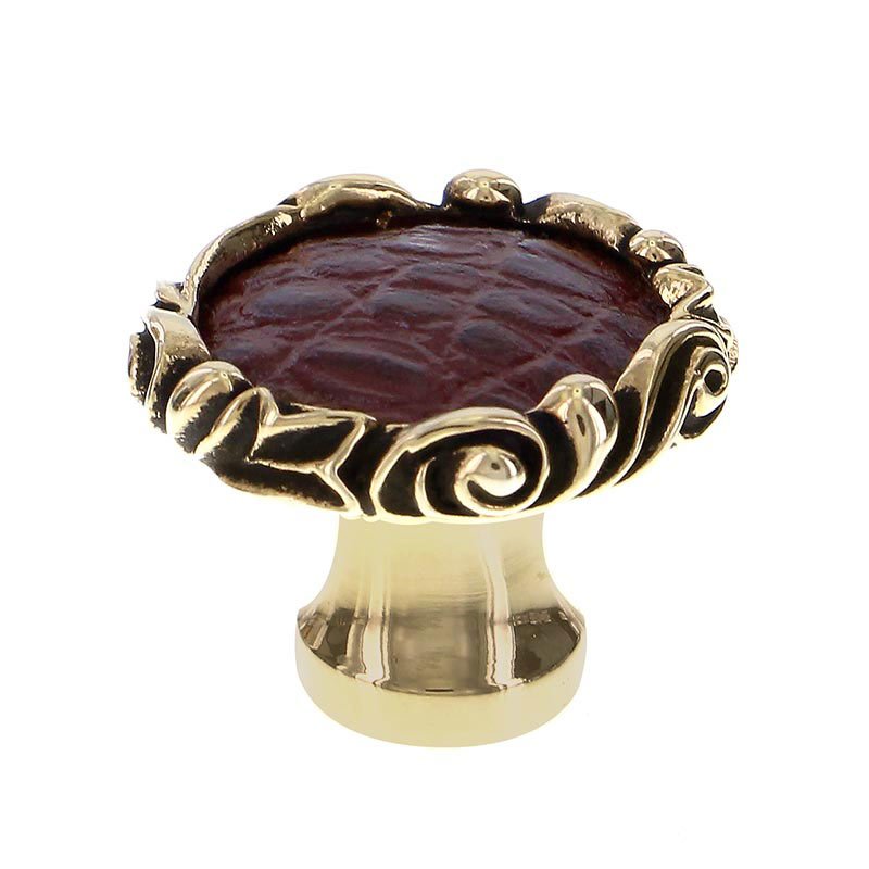 1 1/4" Knob with Small Base and Insert in Antique Gold with Brown Leather Insert