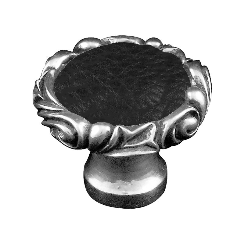1 1/4" Knob with Small Base and Insert in Antique Silver with Black Leather Insert