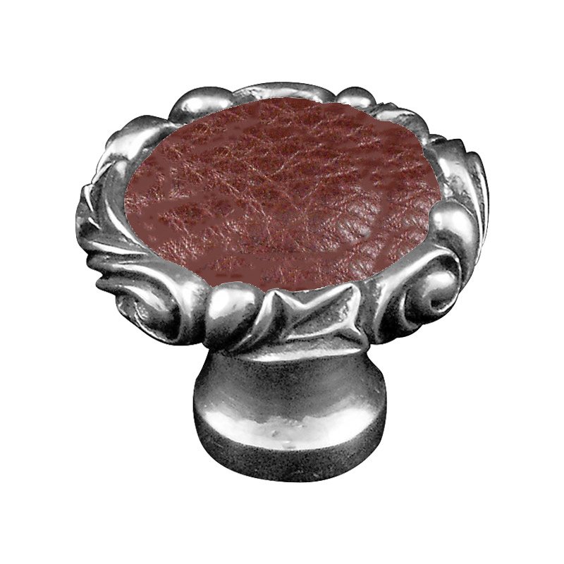 1 1/4" Knob with Small Base and Insert in Antique Silver with Brown Leather Insert
