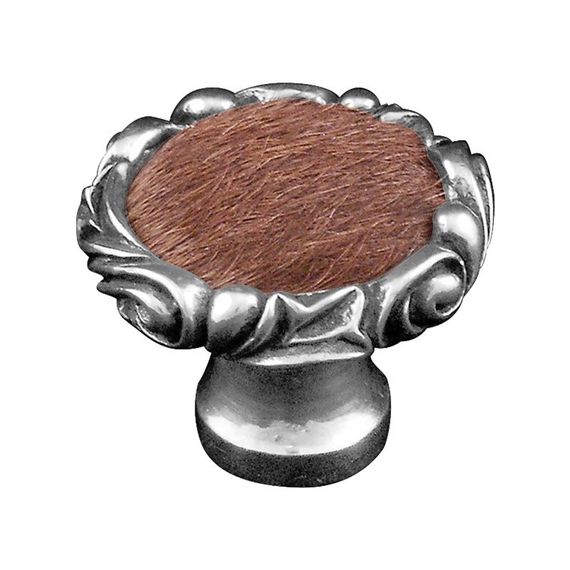 1 1/4" Knob with Small Base and Insert in Antique Silver with Brown Fur Insert