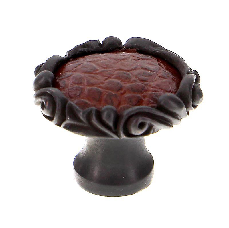 1 1/4" Knob with Small Base and Insert in Oil Rubbed Bronze with Brown Leather Insert