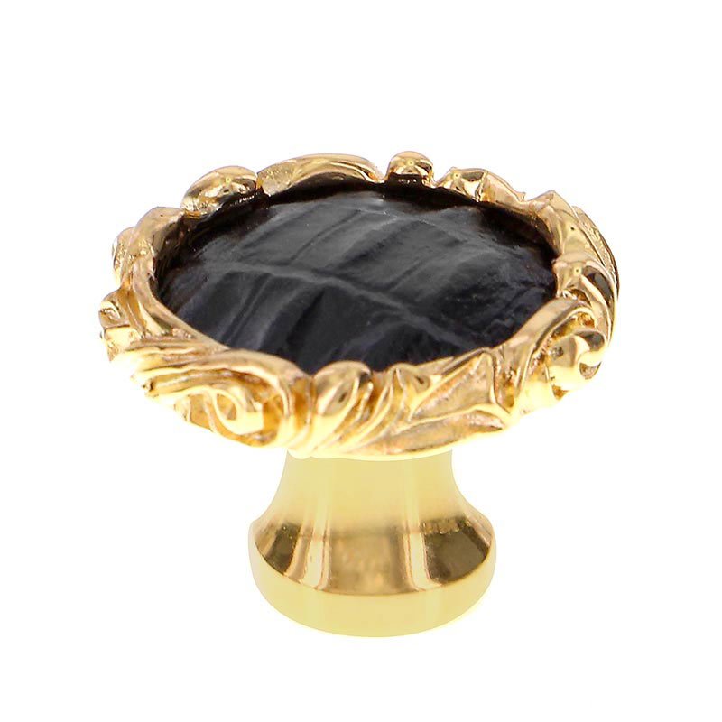 1 1/4" Knob with Small Base and Insert in Polished Gold with Black Leather Insert