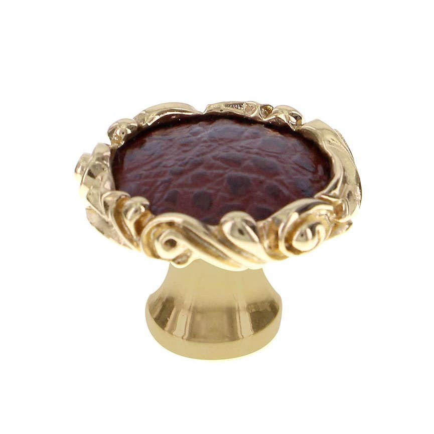 1 1/4" Knob with Small Base and Insert in Polished Gold with Brown Leather Insert
