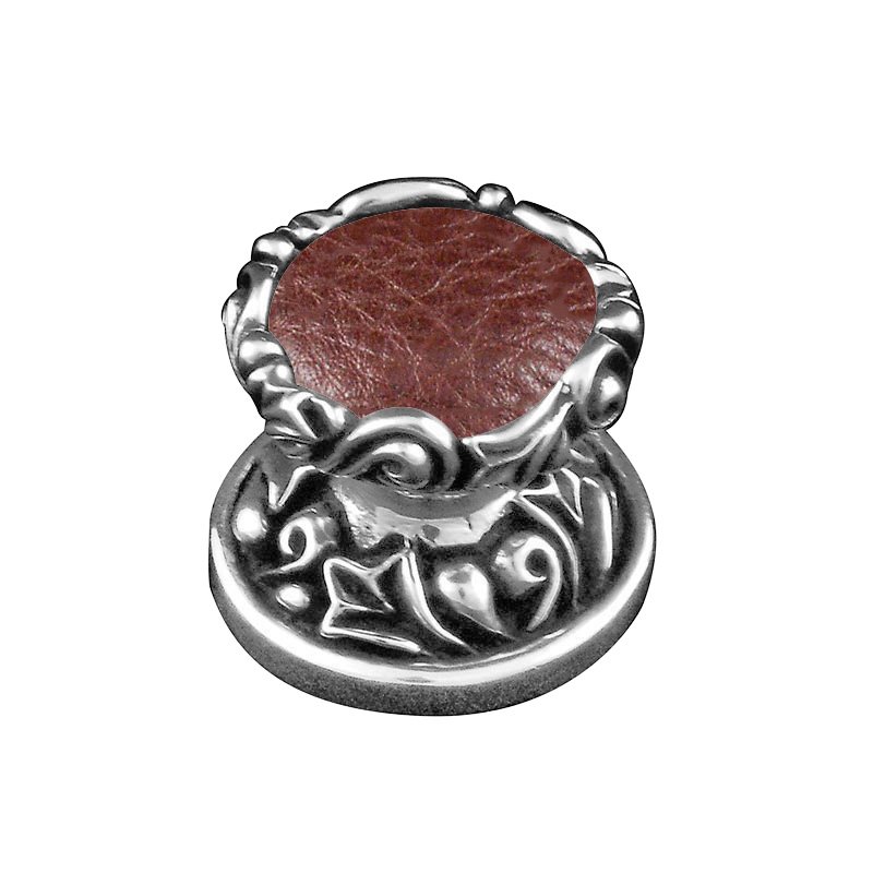 1" Knob with Insert in Antique Silver with Brown Leather Insert