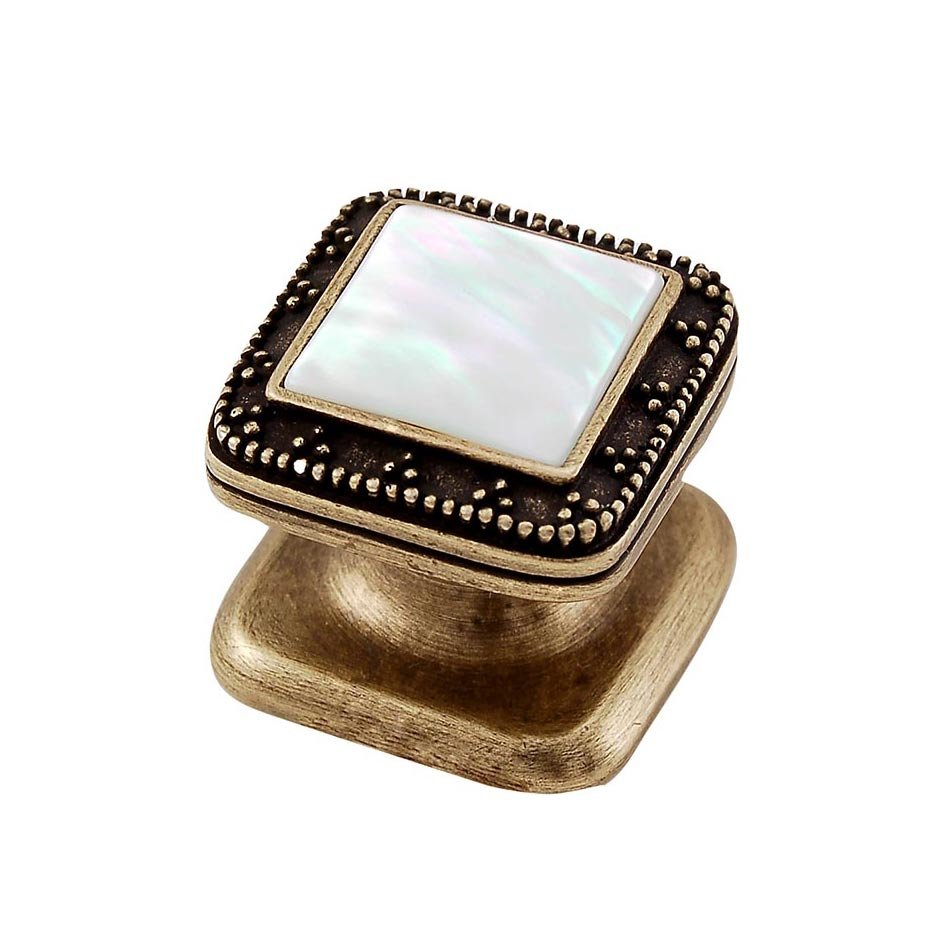 Square Gem Stone Knob Design 4 in Antique Brass with White Mother Of Pearl Insert