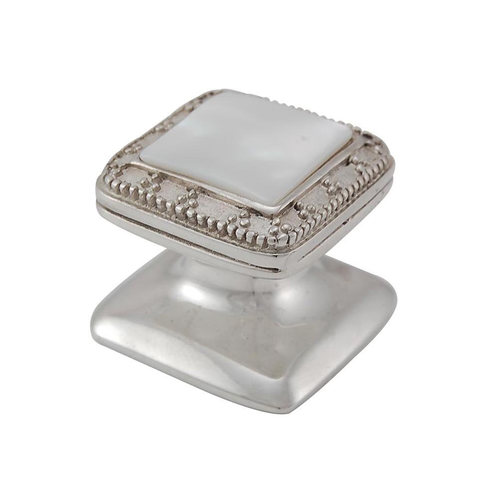 Square Gem Stone Knob Design 4 in Polished Silver with White Mother Of Pearl Insert