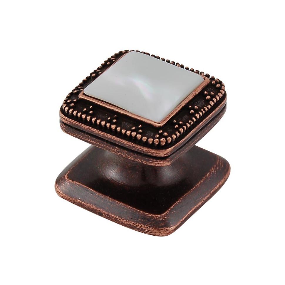 Square Gem Stone Knob Design 4 in Antique Copper with White Mother Of Pearl Insert