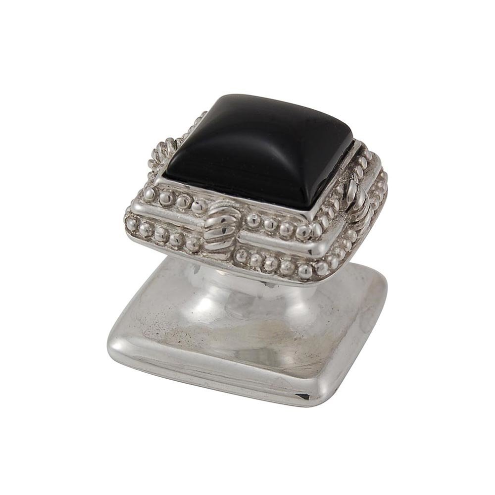 Square Gem Stone Knob Design 1 in Polished Silver with Black Onyx Insert