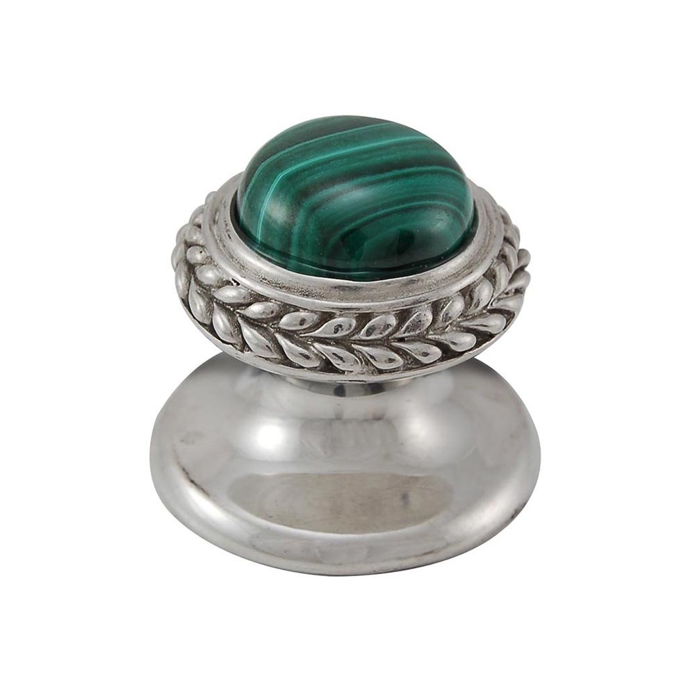 Round Gem Stone Knob Design 2 in Polished Silver with Malachite Insert