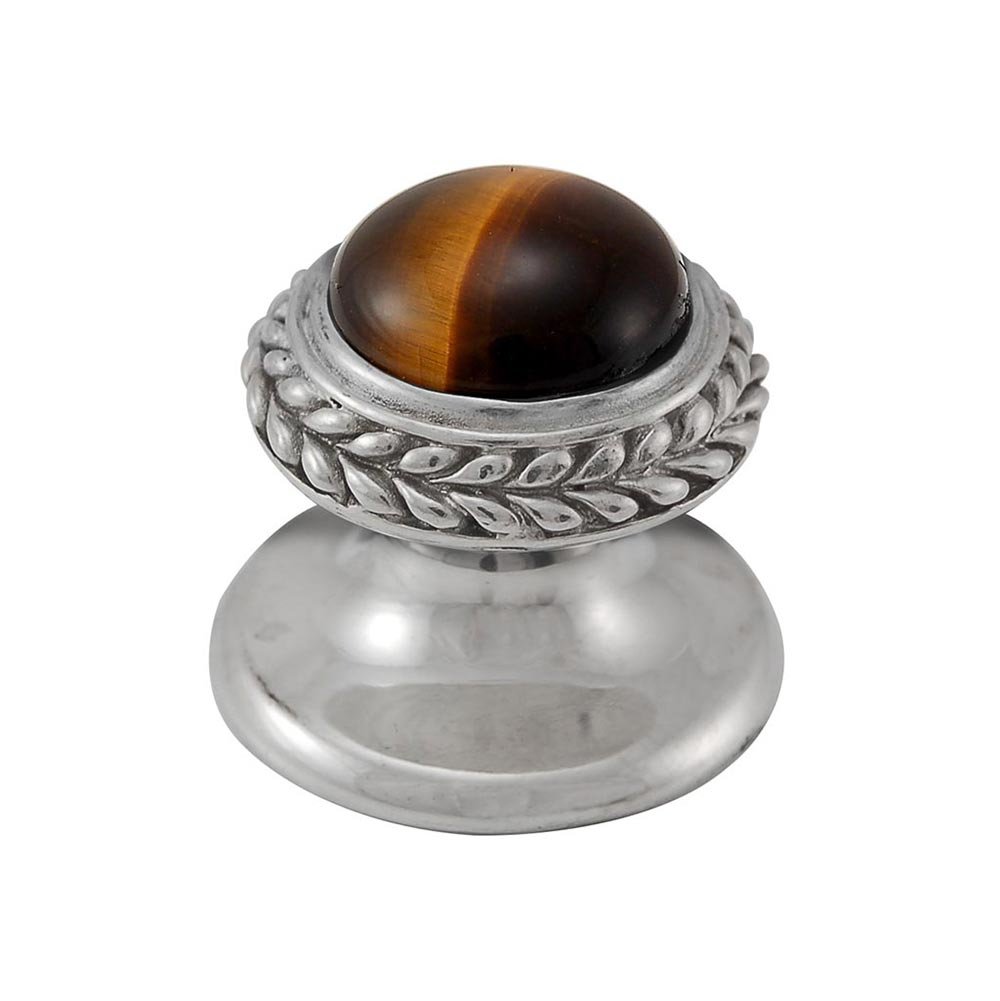 Round Gem Stone Knob Design 2 in Polished Silver with Tigers Eye Insert