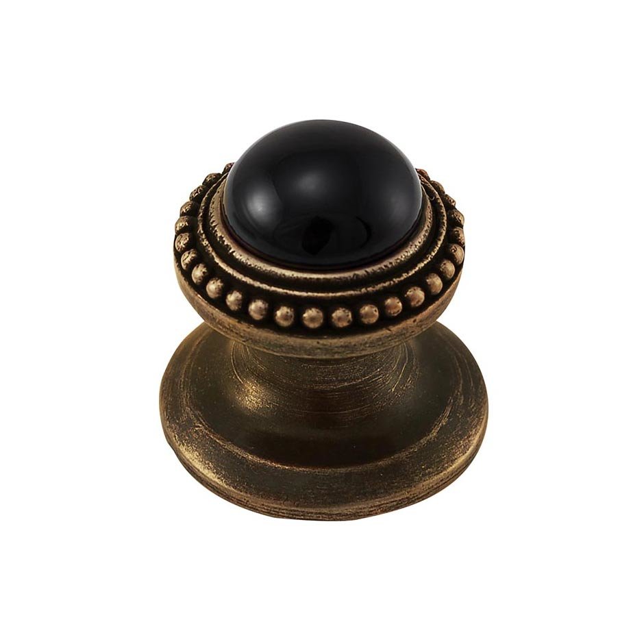 Round Gem Stone Knob Design 1 in Antique Brass with Black Onyx Insert