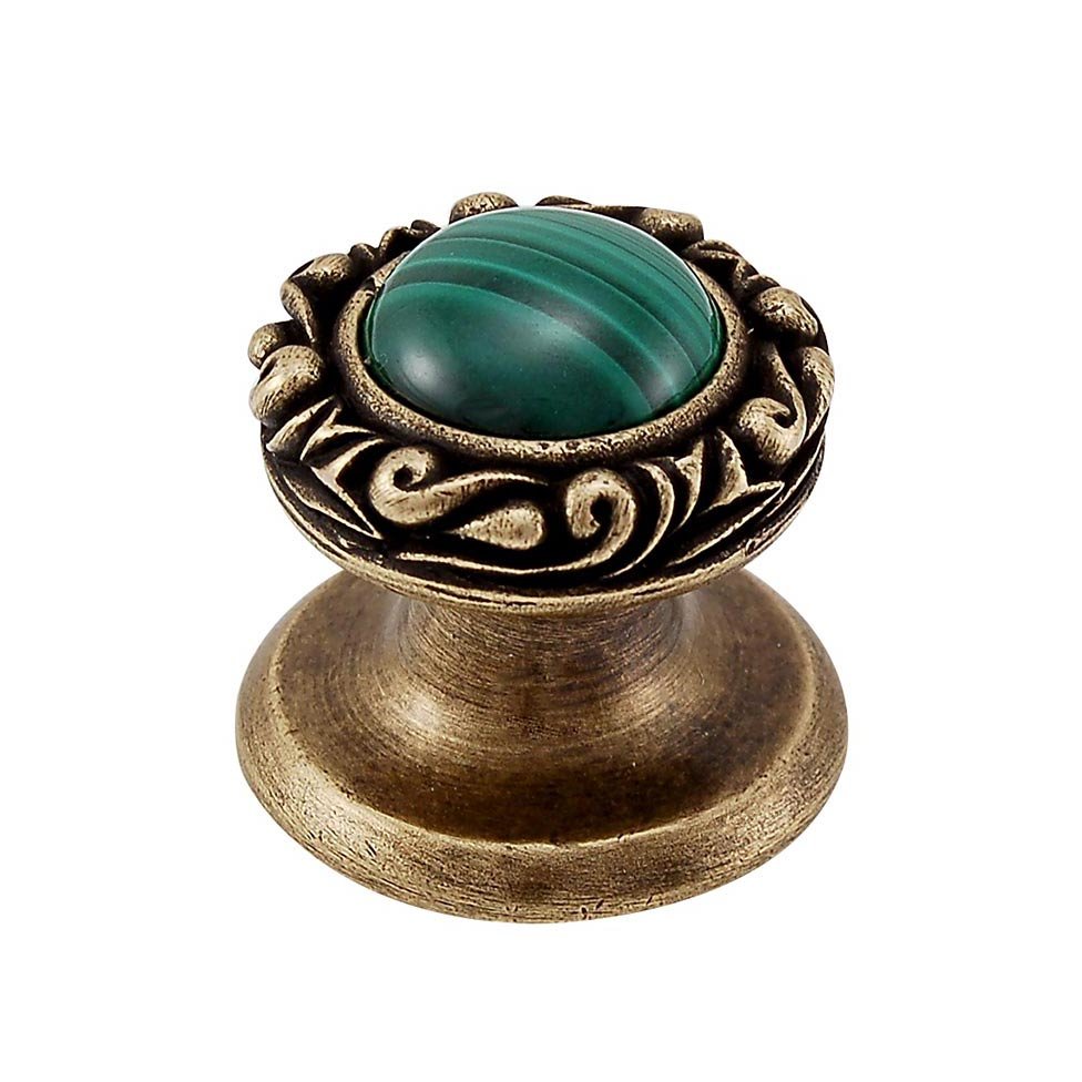 Round Gem Stone Knob Design 3 in Antique Brass with Malachite Insert