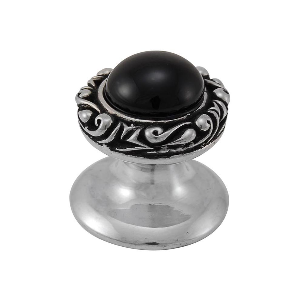 Round Gem Stone Knob Design 3 in Antique Silver with Black Onyx Insert
