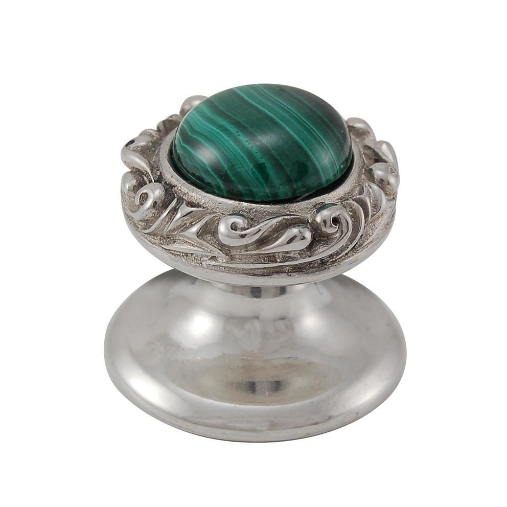 Round Gem Stone Knob Design 3 in Polished Silver with Malachite Insert