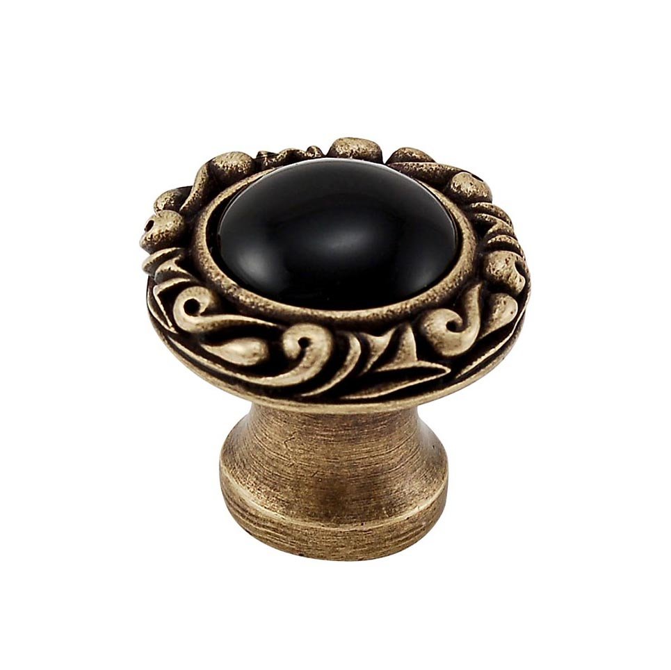 1" Round Knob with Small Base with Stone Insert in Antique Brass with Black Onyx Insert