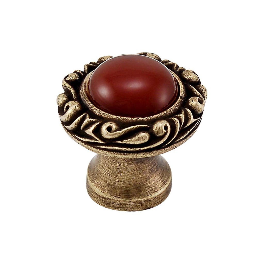 1" Round Knob with Small Base with Stone Insert in Antique Brass with Carnelian Insert