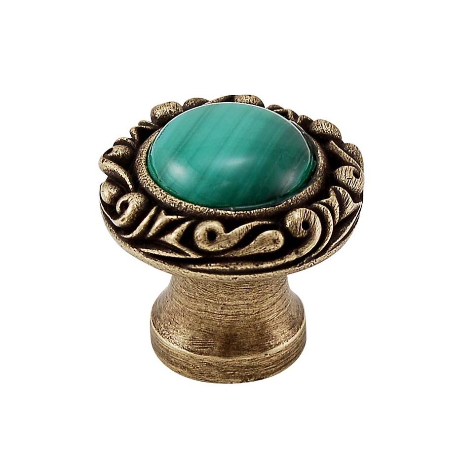 1" Round Knob with Small Base with Stone Insert in Antique Brass with Malachite Insert