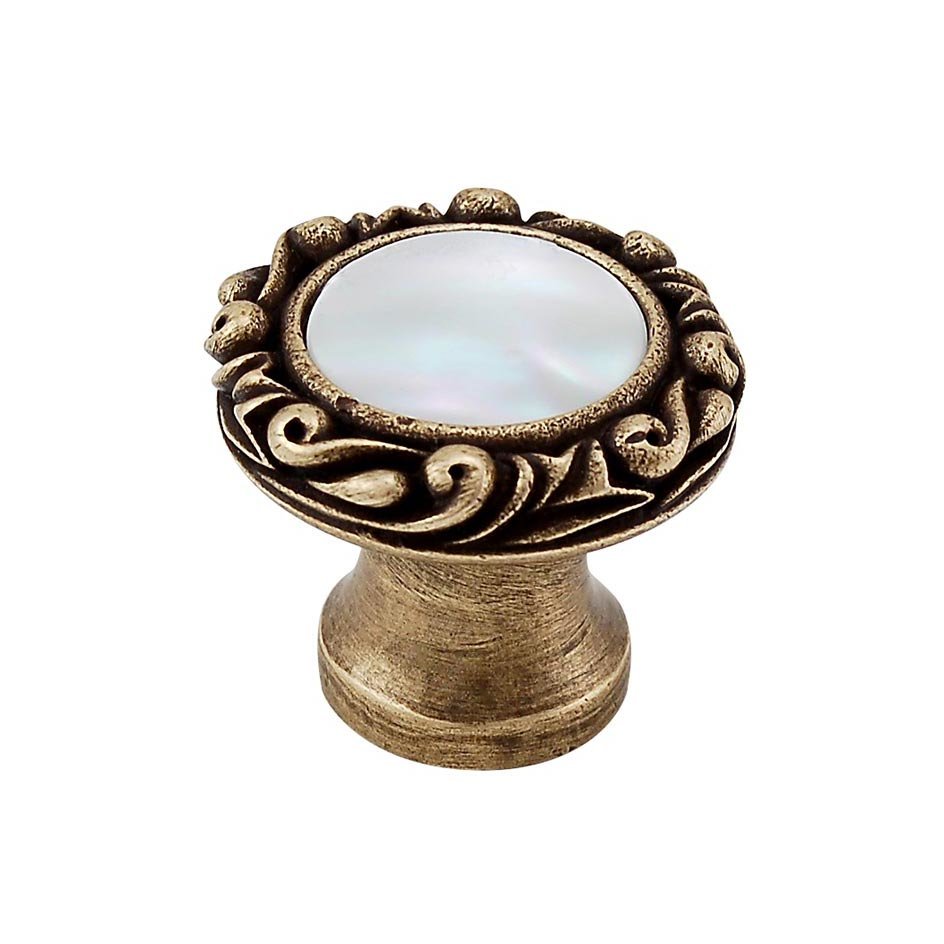 1" Round Knob with Small Base with Stone Insert in Antique Brass with Mother Of Pearl Insert