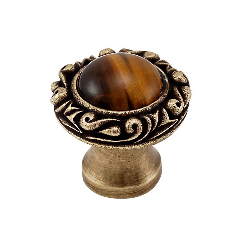 1" Round Knob with Small Base with Stone Insert in Antique Brass with Tigers Eye Insert
