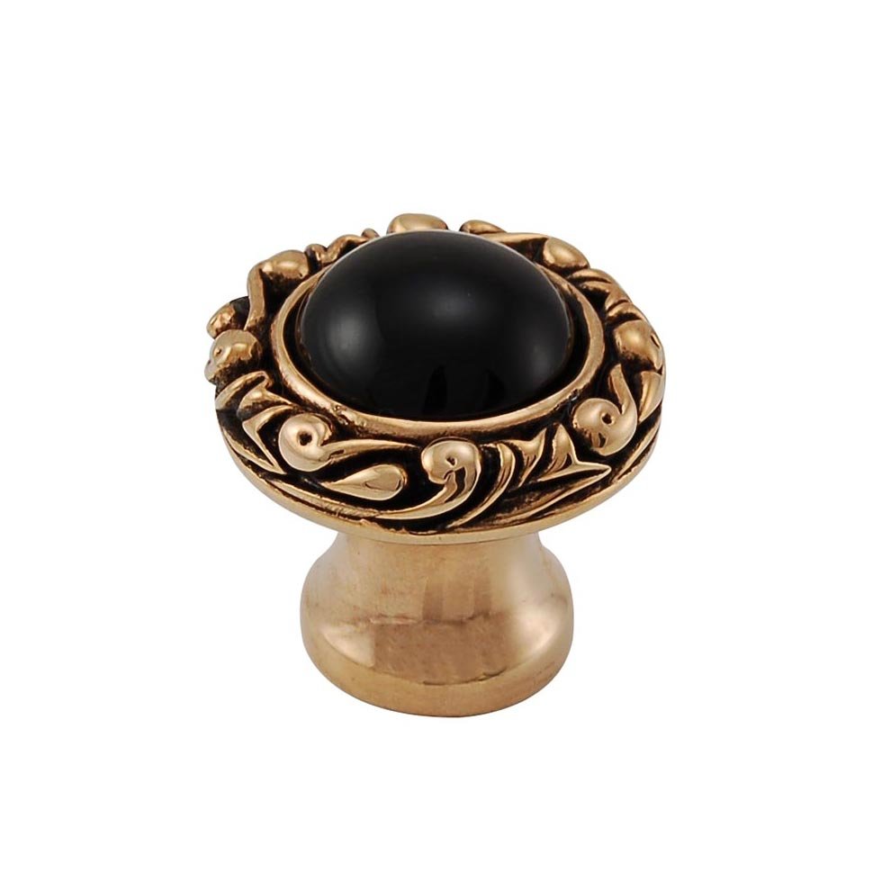 1" Round Knob with Small Base with Stone Insert in Antique Gold with Black Onyx Insert