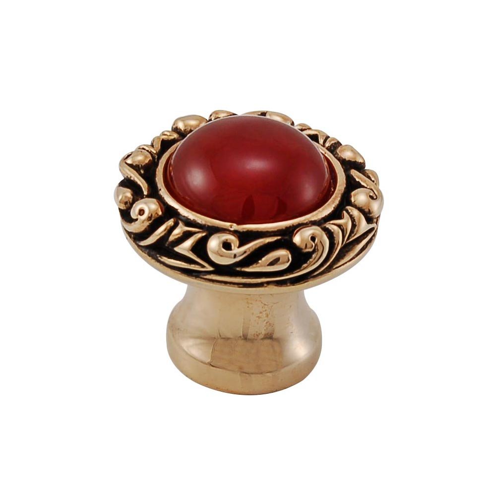 1" Round Knob with Small Base with Stone Insert in Antique Gold with Carnelian Insert