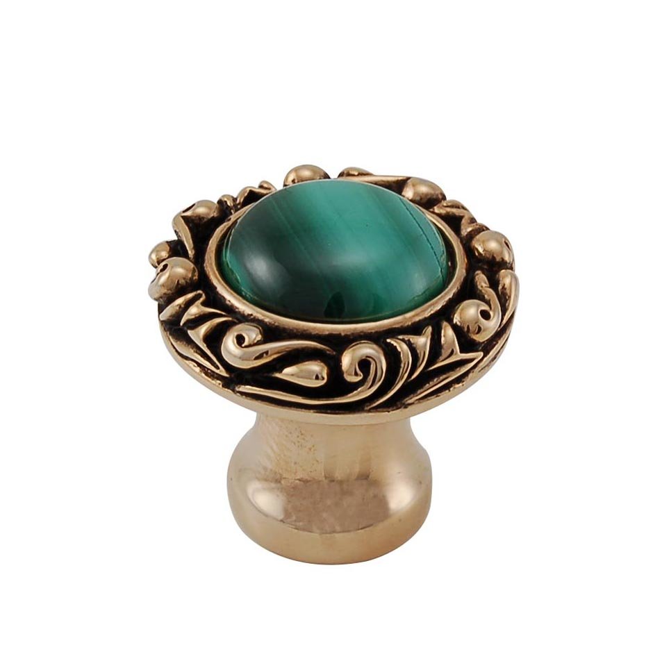 1" Round Knob with Small Base with Stone Insert in Antique Gold with Malachite Insert