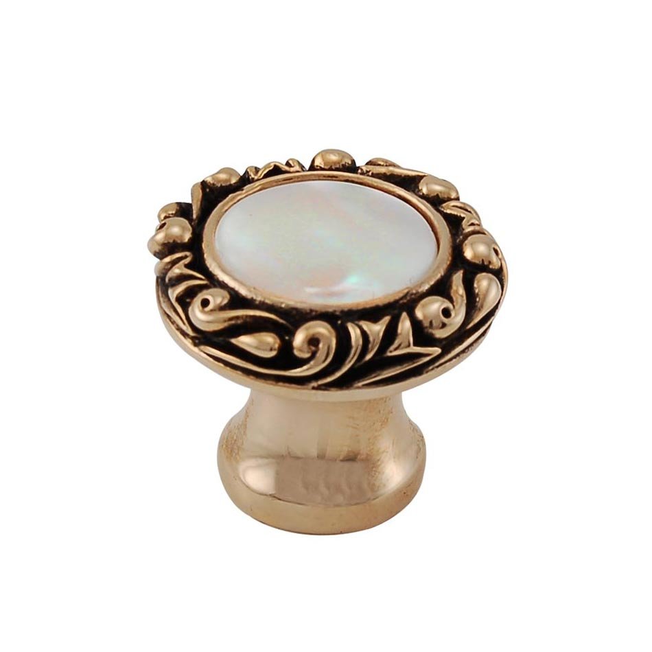 1" Round Knob with Small Base with Stone Insert in Antique Gold with Mother Of Pearl Insert