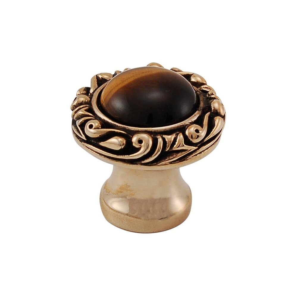 1" Round Knob with Small Base with Stone Insert in Antique Gold with Tigers Eye Insert