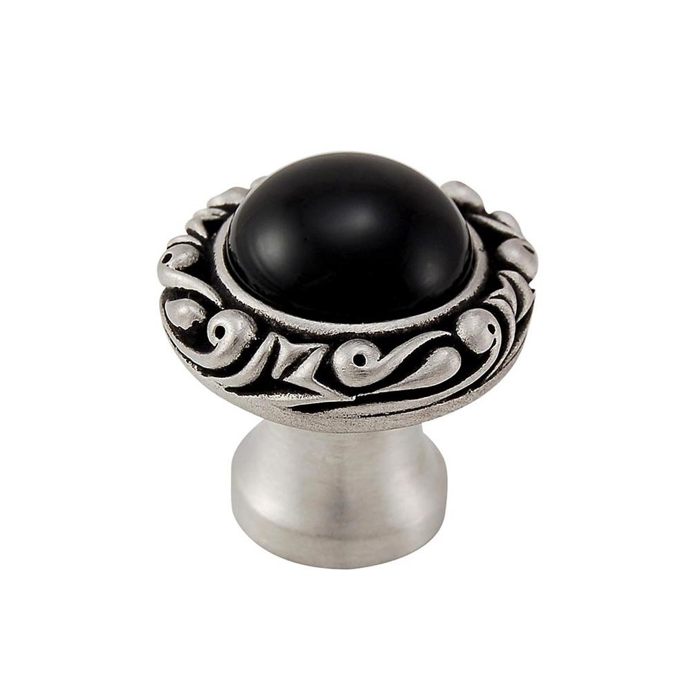 1" Round Knob with Small Base with Stone Insert in Antique Nickel with Black Onyx Insert