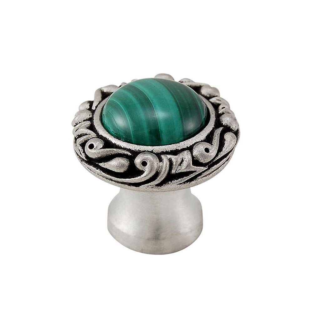 1" Round Knob with Small Base with Stone Insert in Antique Nickel with Malachite Insert