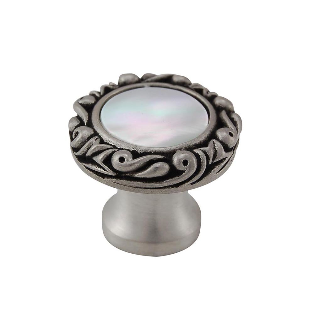 1" Round Knob with Small Base with Stone Insert in Antique Nickel with Mother Of Pearl Insert