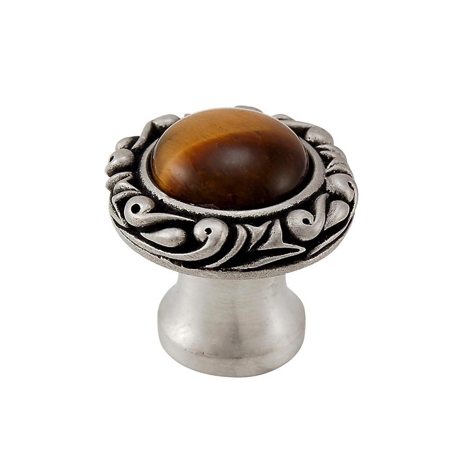 1" Round Knob with Small Base with Stone Insert in Antique Nickel with Tigers Eye Insert
