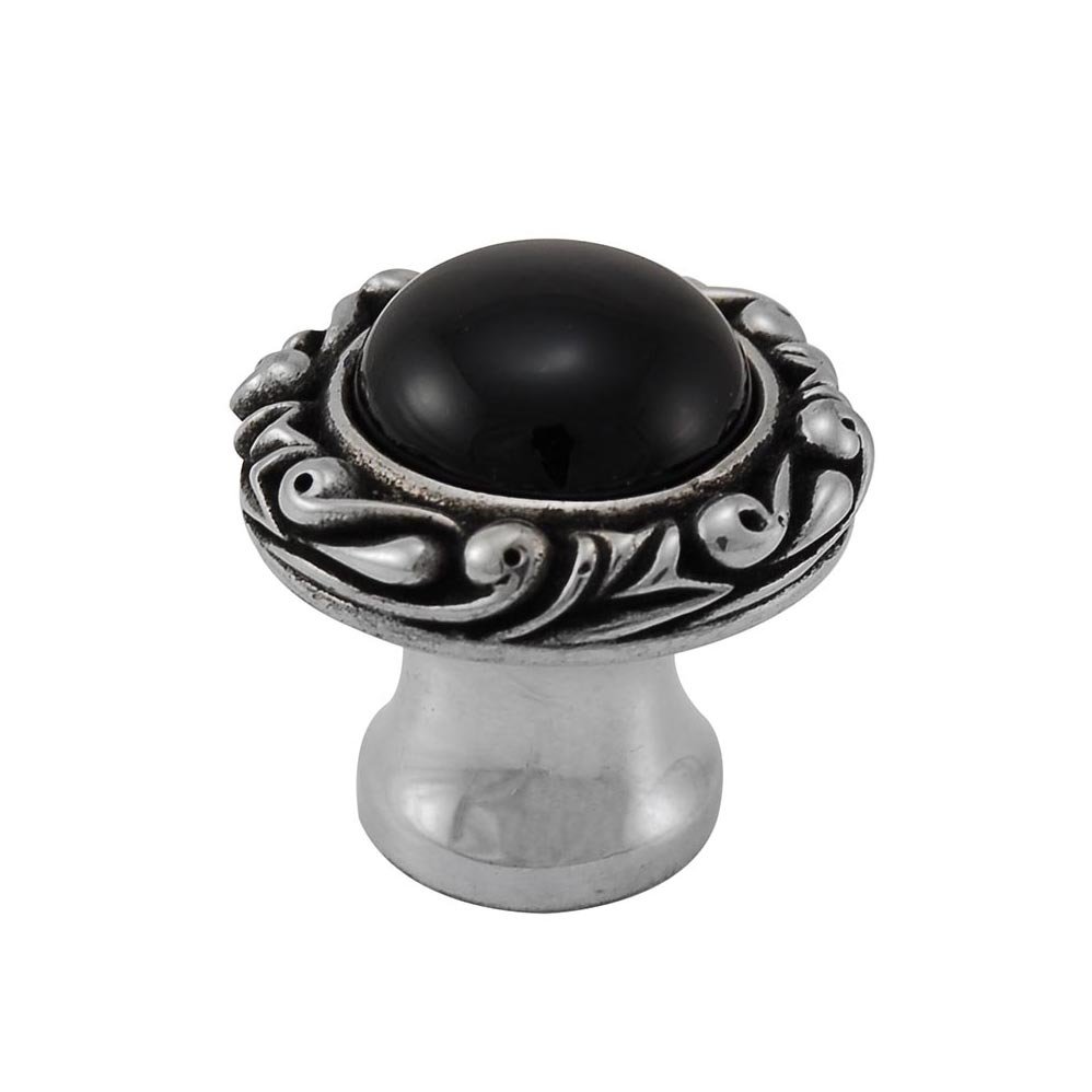 1" Round Knob with Small Base with Stone Insert in Antique Silver with Black Onyx Insert