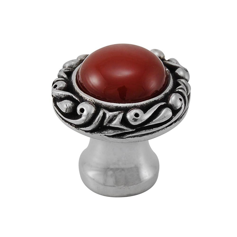 1" Round Knob with Small Base with Stone Insert in Antique Silver with Carnelian Insert