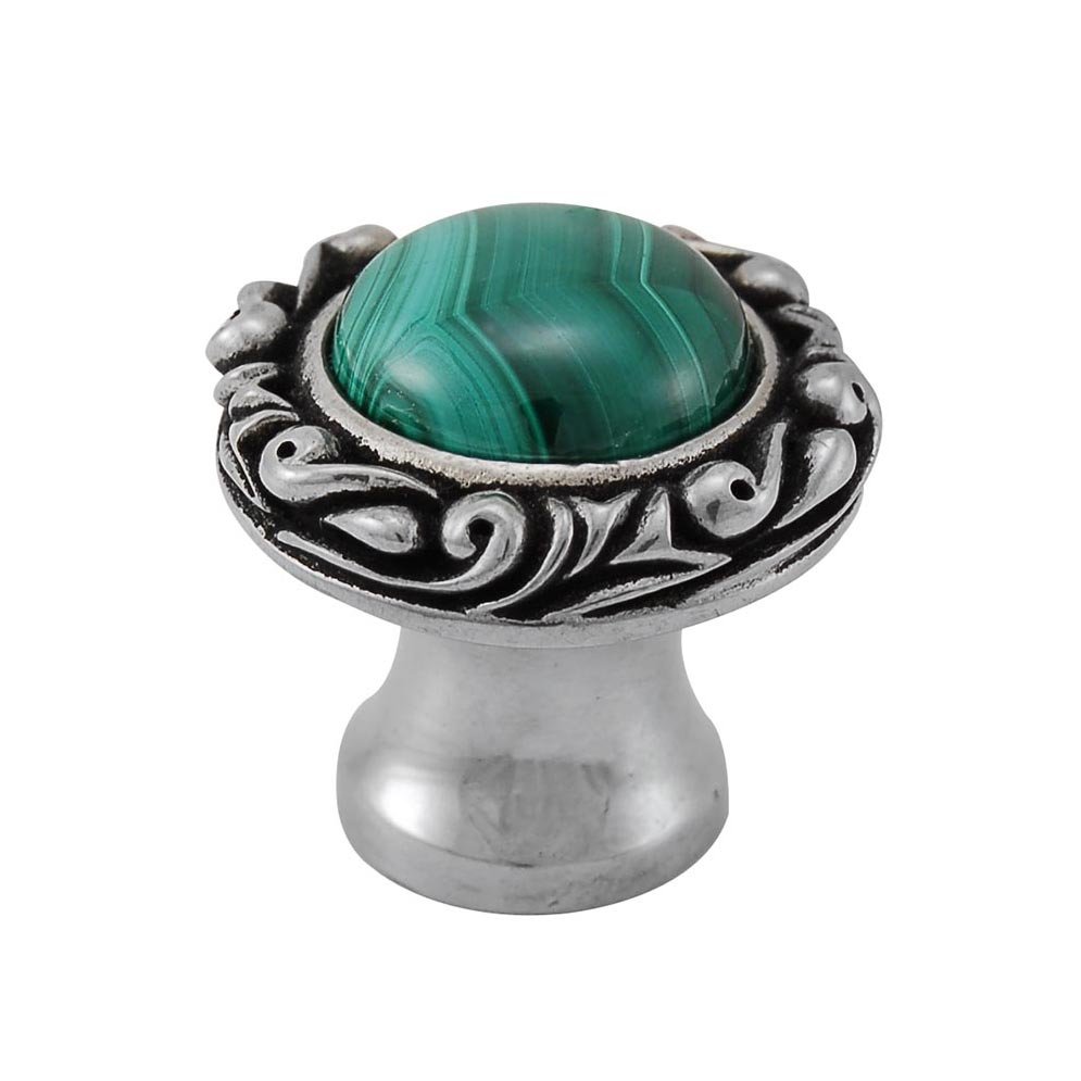 1" Round Knob with Small Base with Stone Insert in Antique Silver with Malachite Insert