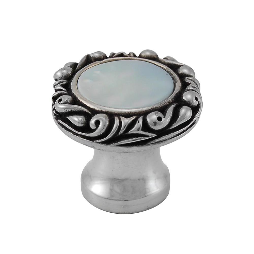 1" Round Knob with Small Base with Stone Insert in Antique Silver with Mother Of Pearl Insert